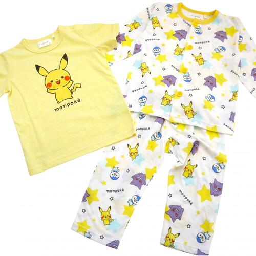 monpoke モンポケ 長袖前開きパジャマ＋半袖Ｔシャツセット 腹巻付き(イエロー×90cm)